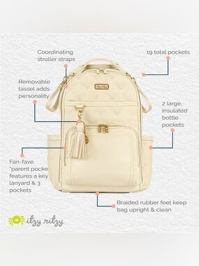 Itzy Ritzy Cream Quilted Diaper Backpack with Tassel Charm